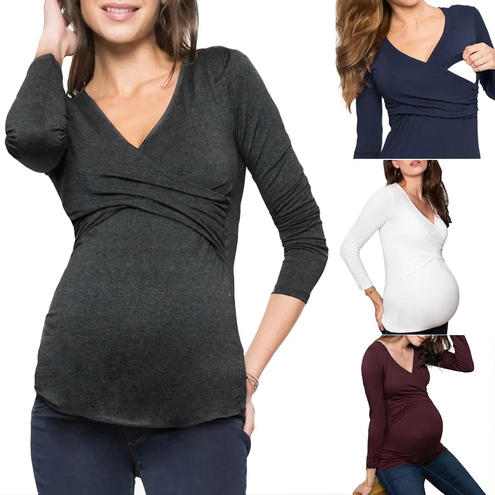 Stylish Maternity Cross Wrap Ribbed Pregnancy Tee Tops