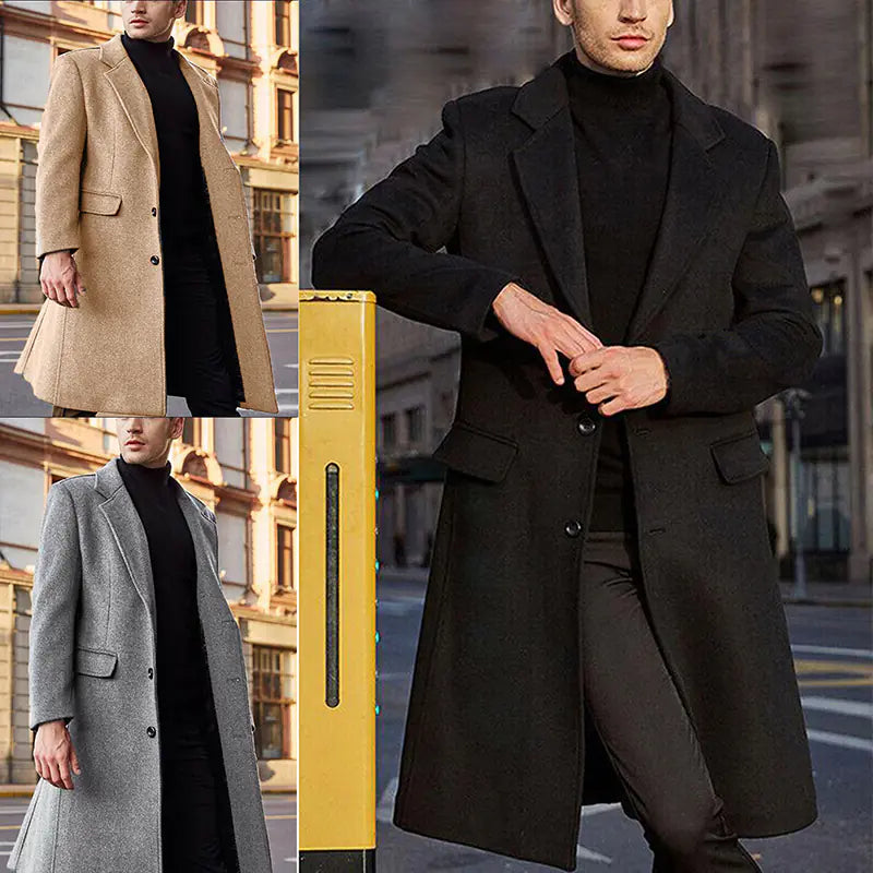 British Men's Long Woolen Windbreaker Coat