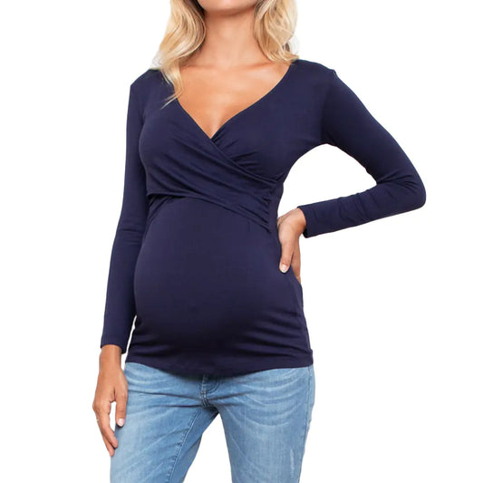 Stylish Maternity Cross Wrap Ribbed Pregnancy Tee Tops