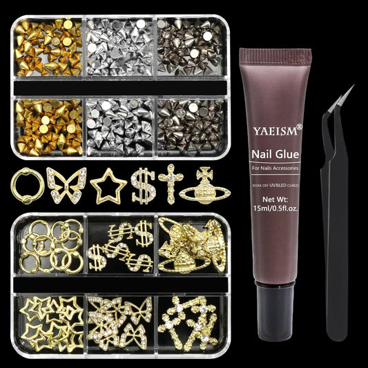 YAEISM Gold Nail Charms Vintage Punk Nail Charms 3 Colors Nail Studs Metal Nail Spikes Shiny Cross Nail Charms Butterfly Charms with Glue GelTweezer for Nail Art and DIY Crafts Decoration