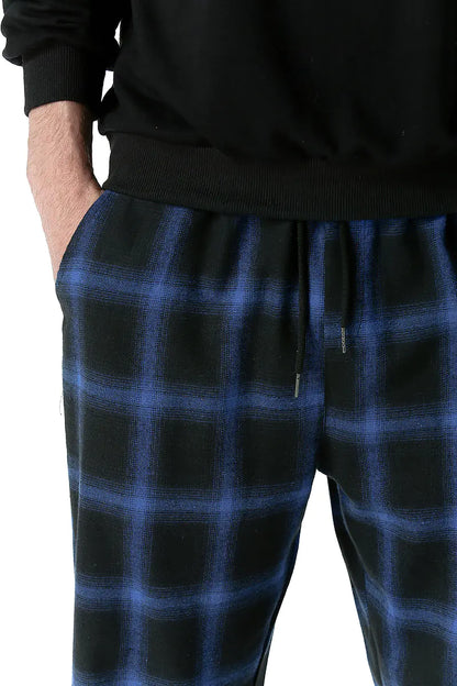 Men's Casual Harem Pants in Blue Plaid Design