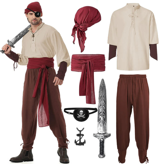 Changchupsem Mens Pirate Costume Set Renaissance Medieval Viking Pirates Halloween Costumes Outfit (Brown Small)