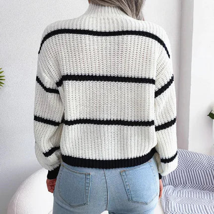 Women's Striped Half Turtleneck Knit Sweater