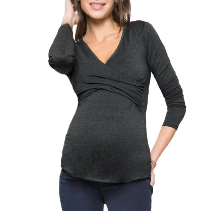 Stylish Maternity Cross Wrap Ribbed Pregnancy Tee Tops