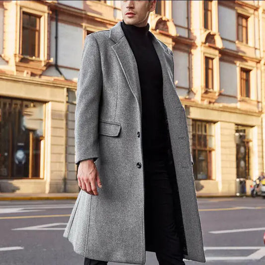 British Men's Long Woolen Windbreaker Coat