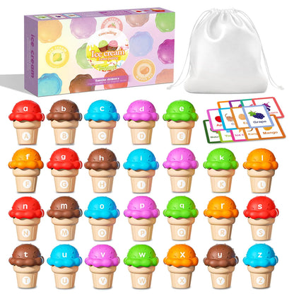 AT-DRESSINGDAY Ice Cream Toys Color and Counting Alphabet Match Learning Toys Stacking Preschool Montessori Fine Motor Skills Toys for Toddler Kids (52Pcs Alphabet)
