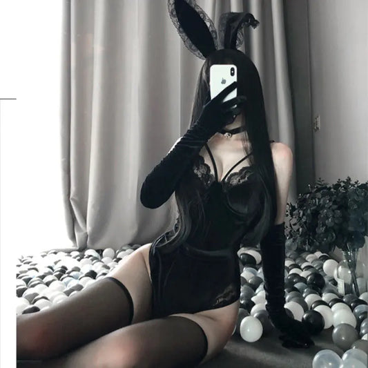Lace Bunny Girl Lingerie Set with Backless Design