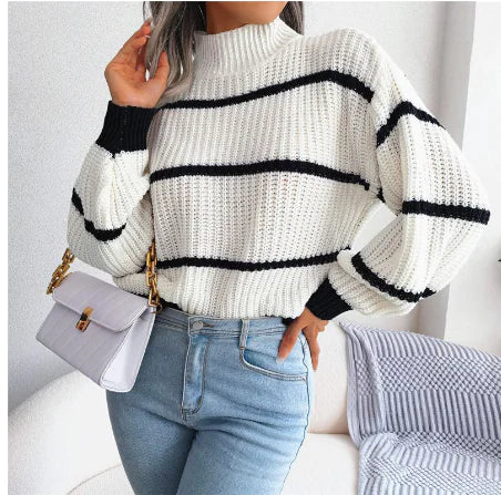 Women's Striped Half Turtleneck Knit Sweater