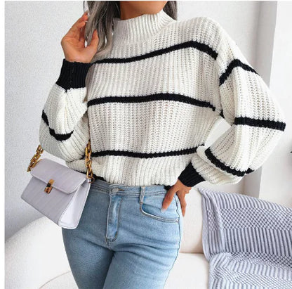 Women's Striped Half Turtleneck Knit Sweater