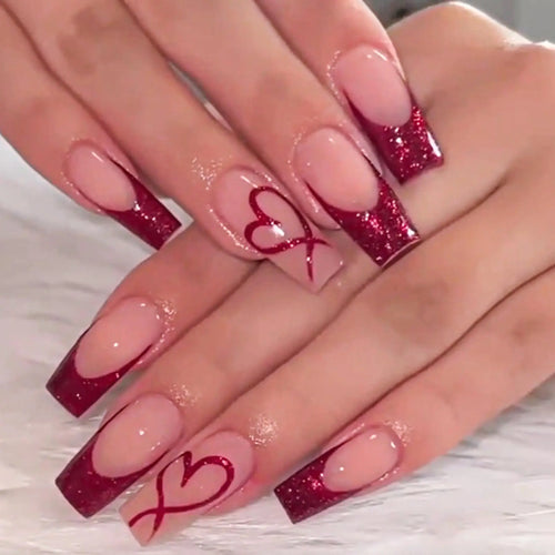Coffin Press on Nails French Tip Fake Nails with Designs Glossy Valentine’s Day Glue on Nails Glitter Hollow out Heart False Nails Nude Red Nails Press on Acrylic Nails Square Stick on Nails for Women