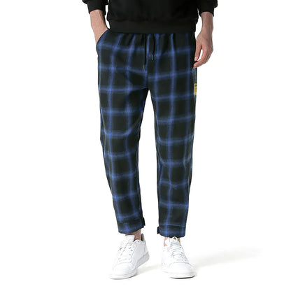 Men's Casual Harem Pants in Blue Plaid Design