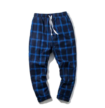 Men's Casual Harem Pants in Blue Plaid Design