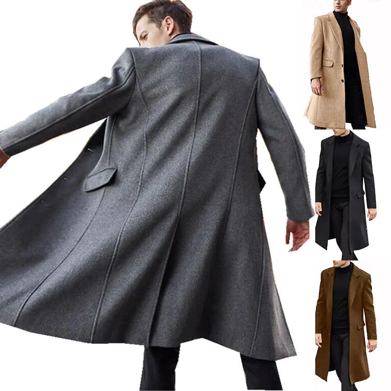 British Men's Long Woolen Windbreaker Coat