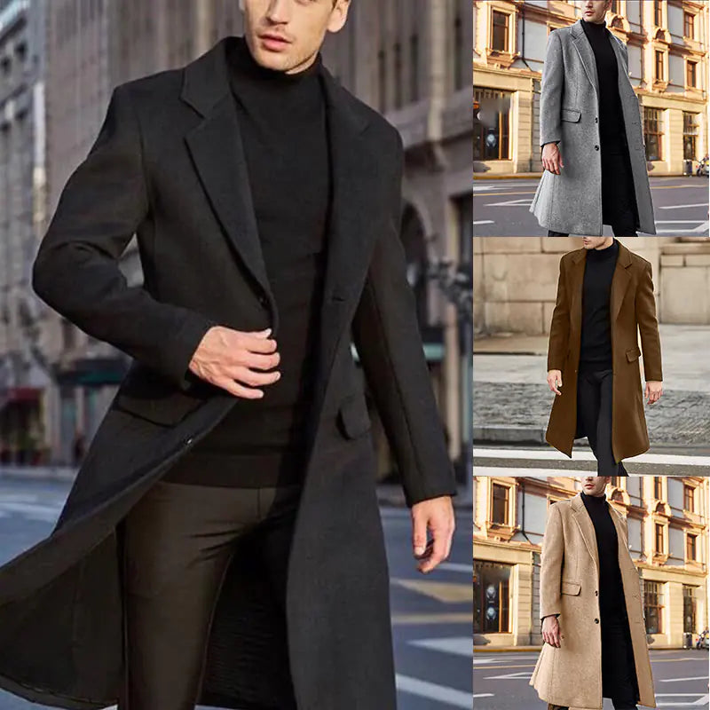 British Men's Long Woolen Windbreaker Coat