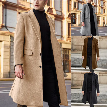 British Men's Long Woolen Windbreaker Coat