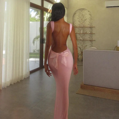 Spring New Women's Clothing Fashion Suspenders Sexy Backless Bow Slim Sheath Dress Women