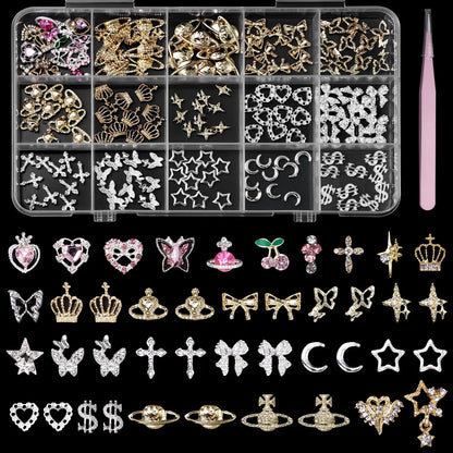 155 Pcs Alloy Star Cross Nail Gems Charms Silver Gold Bow Crown Butterfly Cross Bow Nail Charms 3D Cherry Planet Heart Nail Jewelry Charms Nail Rhinestones Gems Charms for Nail Art DIY Decoration