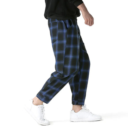 Men's Casual Harem Pants in Blue Plaid Design