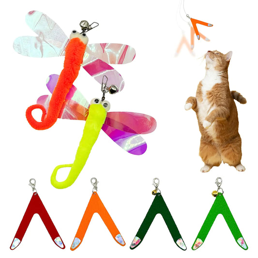 FLUFFIES Cat Worm Toy Refills Cat Toys Wand Replacement (6 Pieces) Cat Feather Toy Refill Cat Wand Refill Attachments for Indoor Cats (Dragonfly 2ea Glitter V 4ea)