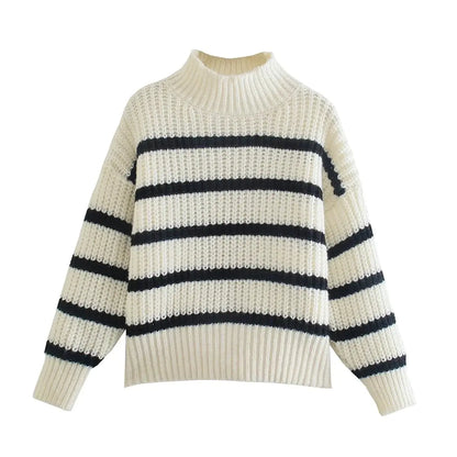 Women's Striped Half Turtleneck Knit Sweater