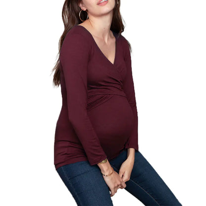 Stylish Maternity Cross Wrap Ribbed Pregnancy Tee Tops