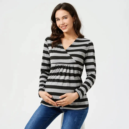Women's Striped V-neck Maternity Nursing Tops