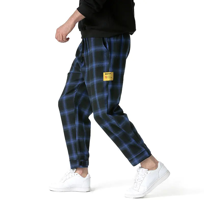 Men's Casual Harem Pants in Blue Plaid Design