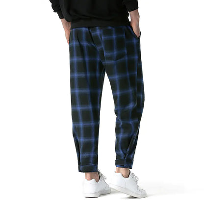 Men's Casual Harem Pants in Blue Plaid Design