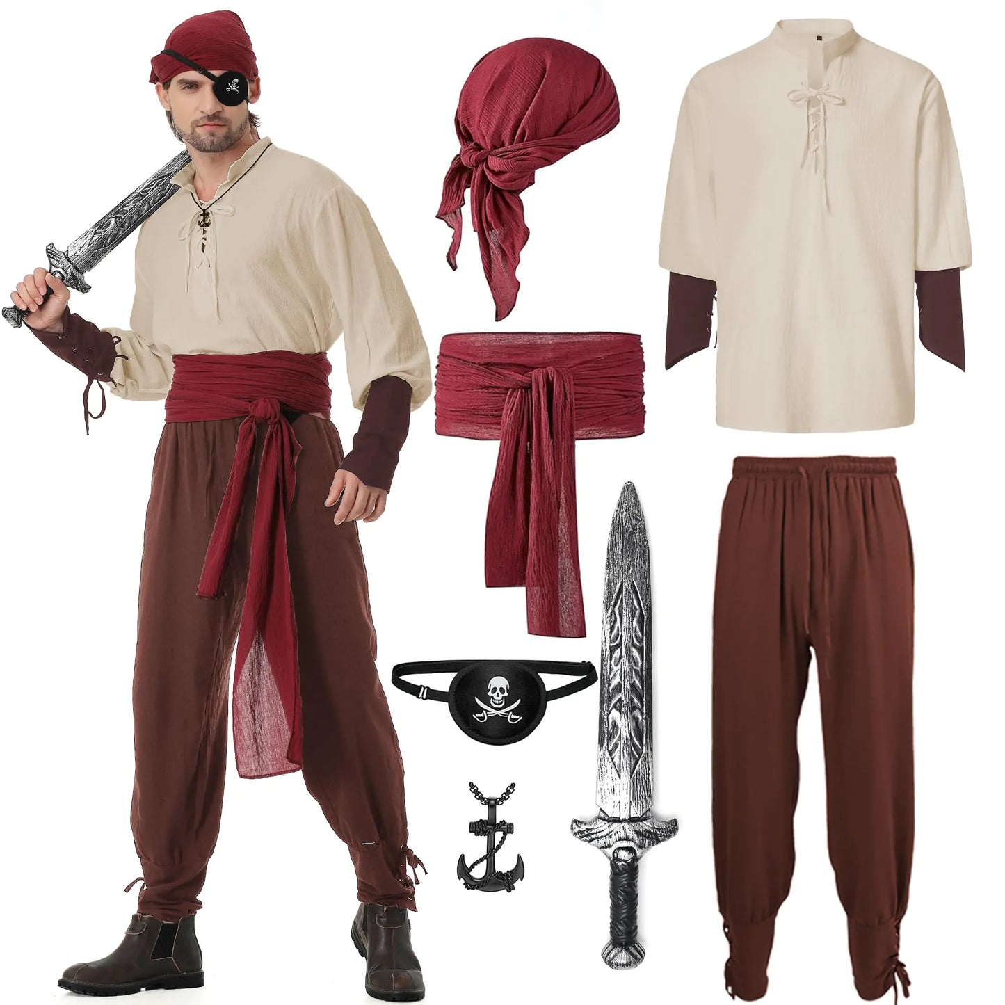 Changchupsem Mens Pirate Costume Set Renaissance Medieval Viking Pirates Halloween Costumes Outfit (Brown Small)