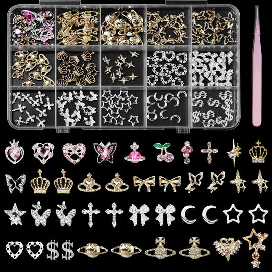 155 Pcs Alloy Star Cross Nail Gems Charms Silver Gold Bow Crown Butterfly Cross Bow Nail Charms 3D Cherry Planet Heart Nail Jewelry Charms Nail Rhinestones Gems Charms for Nail Art DIY Decoration